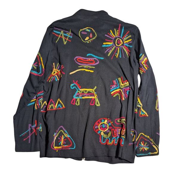 Vtg 1990s Spa By Chico's Black Neon Tribal Animal Zip Up Jersey Knit Jacket 1 S - Picture 2 of 4